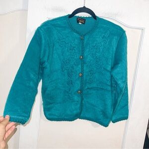Vintage Forest Green Fuzzy Embroidered Cardigan Semi-Cropped New Without Tag